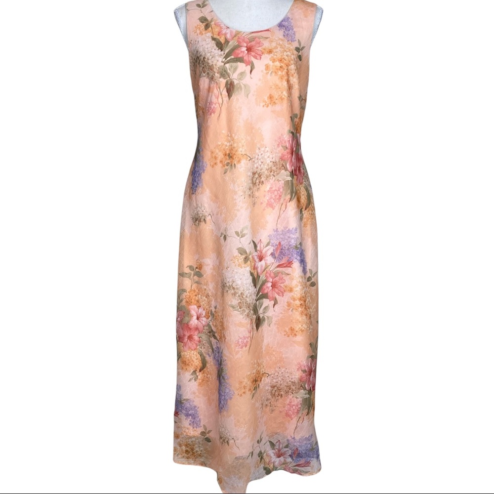 Vintage Peach Floral Lined Maxi Dress Size 8